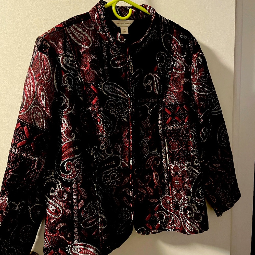 Dressy Jacket, maroon and silver sparkle with zip front, waist length.